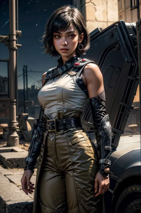 OliveHarper, 1girl, solo,l, short hair, black hair, jewelry, medium breasts, yellow eyes, earrings, detached sleeves, sleeveless, black belt, blue pants, dark skin, dark-skinned female, black belt, belt buckle, vambraces, standing, post apocalyptic scene, ...