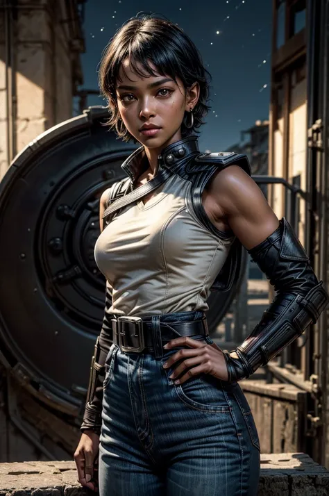 OliveHarper, 1girl, solo,l, short hair, black hair, jewelry, medium breasts, yellow eyes, earrings, detached sleeves, sleeveless, black belt, blue pants, dark skin, dark-skinned female, black belt, belt buckle, vambraces, standing, post apocalyptic scene, ...