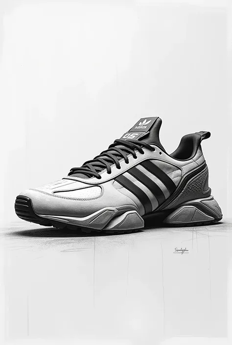 Recreate the design of the adidas samba based in a distopic future. A masterful, interpretative rough pencil sketch of a futuristic, background with subtle wrinkles and subtle graphite smudges, evoking a sense of makeshift, high-tech blueprint. The low -cu...