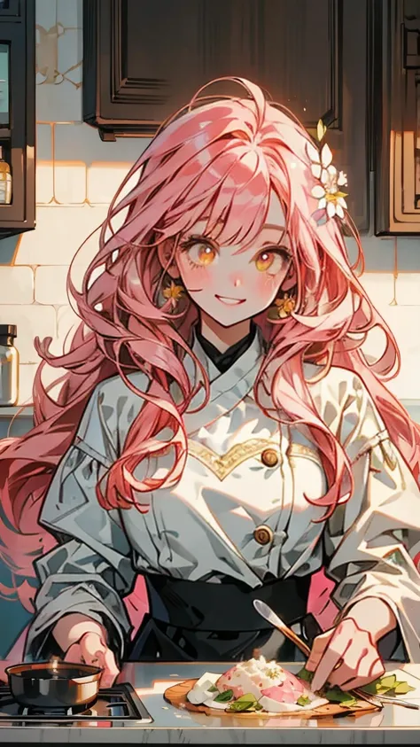 Woman cooking , high definition , masterpiece,  anatomically correct,  high detail,  textured skin , bangs ,  smile ,anime,  digital art , modern, Reality, One woman , background is kitchen、Light in the background, with Flower all around、pink hair,  yellow...