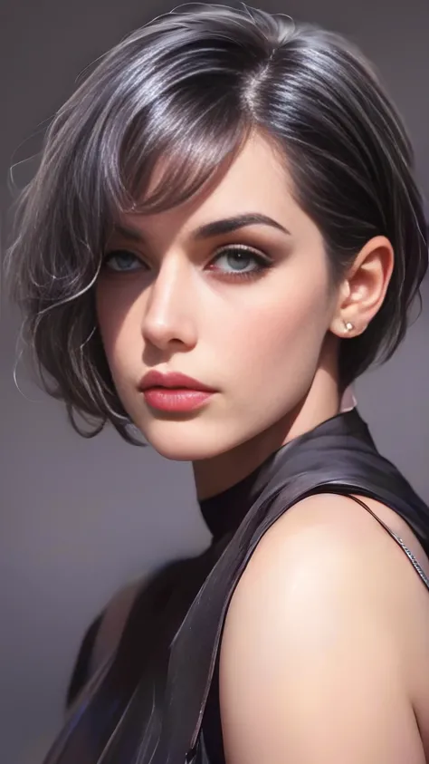 RAW photo, best quality, masterpiece, photorealistic, Polish girl, 24 years old, black hair, Light grey eyes, short bob cut, hair in 7 thirds, hair over one ear, Symmetrical eyes, pale skin, Big Breasts, rip gloss, Gel Nails, Accessories, various poses, s