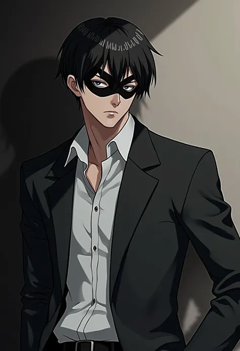 anime, preto hair, demônio, preto eyes, camisa branca, preto jacket, preto pants, preto jacket, preto eyes, preto hair, preto, preto,, wearing all preto mempo mask, gatilho anime estilo de arte, gapmoe Yandere grimdark, inspirado por Okumura Masanobu, demô...