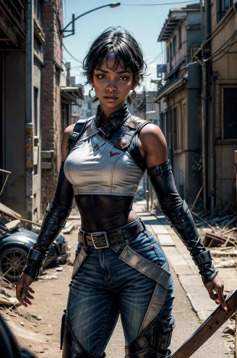 OliveHarper, 1girl, solo,l, short hair, black hair, jewelry, medium breasts, yellow eyes, earrings, detached sleeves, sleeveless, black belt, blue pants, dark skin, dark-skinned female, black belt, belt buckle, vambraces, standing, post apocalyptic scene, ...