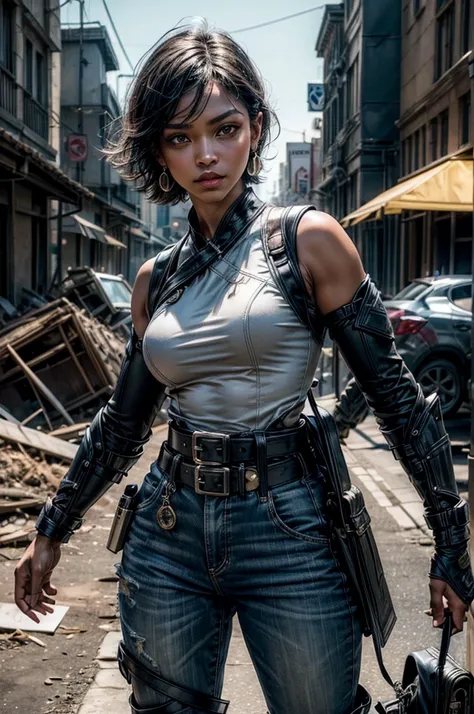 OliveHarper, 1girl, solo,l, short hair, black hair, jewelry, medium breasts, yellow eyes, earrings, detached sleeves, sleeveless, black belt, blue pants, dark skin, dark-skinned female, black belt, belt buckle, vambraces, standing, post apocalyptic scene, ...