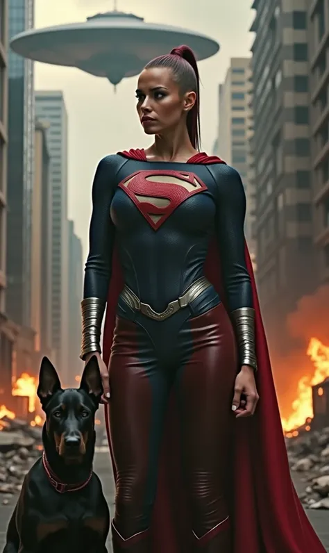  A beautiful woman (((With her head completely shaved ))),((( Showing only a red ponytail in the middle of her completely shaved head ))),((( Red leather pants fitted to her sensual body ))),(((Under the mantle of the Kryptonian Kara Zor-the alias (((Super...