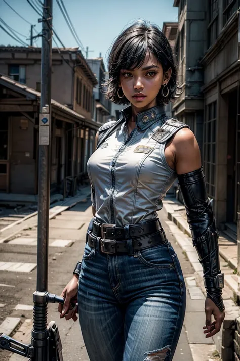 OliveHarper, 1girl, solo,l, short hair, black hair, jewelry, medium breasts, yellow eyes, earrings, detached sleeves, sleeveless, black belt, blue pants, dark skin, dark-skinned female, black belt, belt buckle, vambraces, standing, post apocalyptic scene, ...