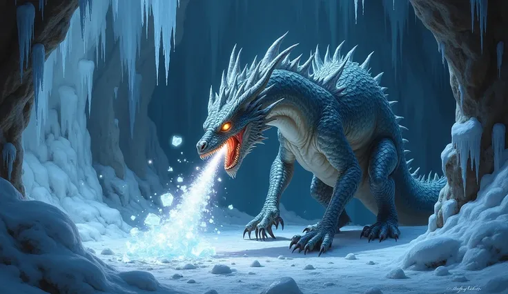 A furious dragon with silver scales and glowing eyes, in a frozen cave covered with ice crystals. The dragon is standing, its claws digging into the icy ground as it breathes a blast of ice from its snout, freezing the cave walls around it. The environment...