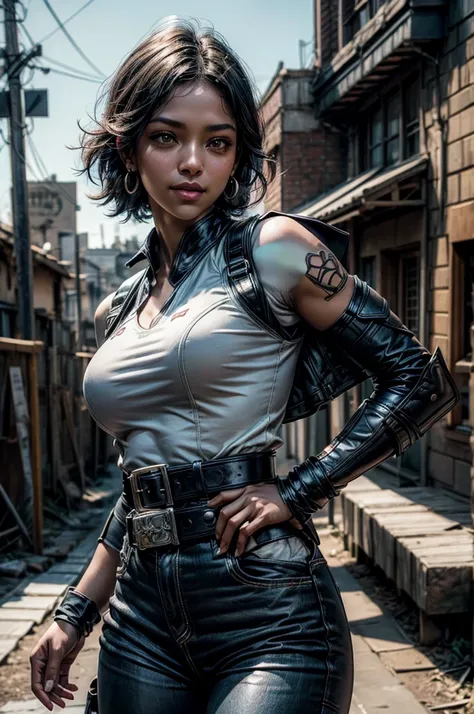 OliveHarper, 1girl, solo,l, short hair, black hair, jewelry, medium breasts, yellow eyes, earrings, detached sleeves, sleeveless, black belt, blue pants, dark skin, dark-skinned female, black belt, belt buckle, vambraces, standing, smile, post apocalyptic ...