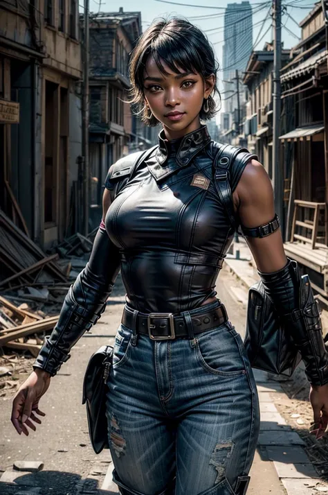 OliveHarper, 1girl, solo,l, short hair, black hair, jewelry, medium breasts, yellow eyes, earrings, detached sleeves, sleeveless, black belt, blue pants, dark skin, dark-skinned female, black belt, belt buckle, vambraces, standing, smile, post apocalyptic ...