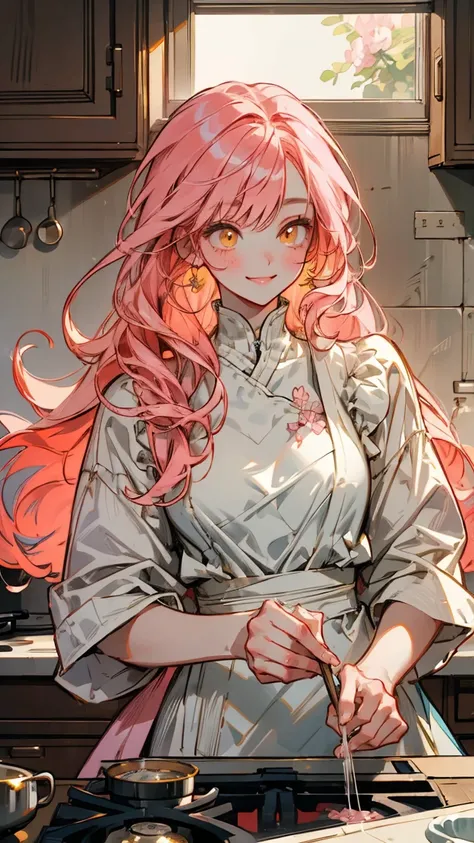 Woman cooking , high definition , masterpiece,  anatomically correct,  high detail,  textured skin , bangs ,  smile ,anime,  digital art , modern, Reality, One woman , background is kitchen、Light in the background, with Flower、pink hair,  yellow eyes , lon...