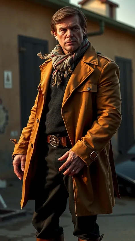 a muscular middle-aged man, wearing wife beater, trench coat and scarf, knee-length brown leather boots, metal belt, cowboy shot, high-quality, hyper-realistic, highly detailed, cinematic lighting, chiaroscuro, moody atmosphere, super strong wind, warm col...