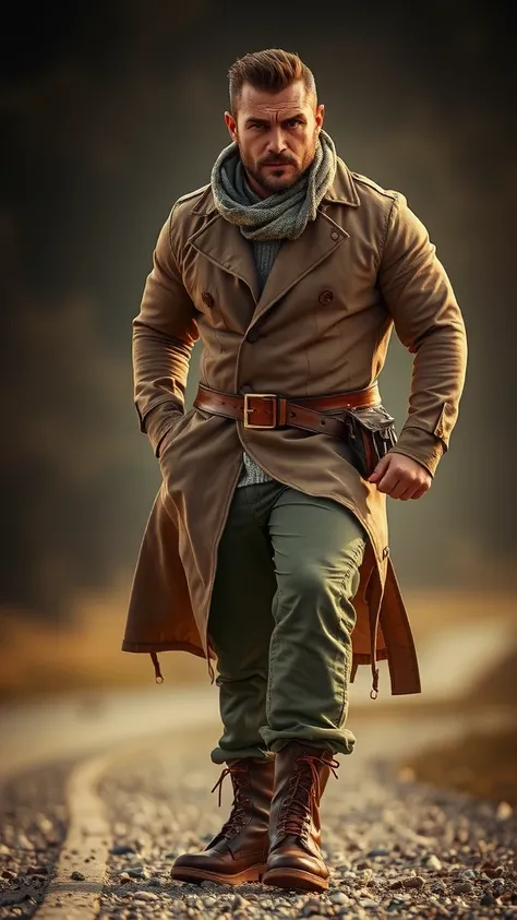 a muscular middle-aged man, wearing wife beater, trench coat and scarf, knee-length brown leather boots, metal belt, cowboy shot, high-quality, hyper-realistic, highly detailed, cinematic lighting, chiaroscuro, moody atmosphere, super strong wind, warm col...