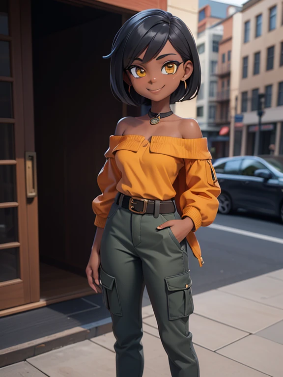 (best quality:1.3), (4K quality), masterpiece, best quality, high res, detailed, (Detailed face:1.2), (Detailed eyes:1.2), (Perfect figure:1.2), CARTOON, ANIME, CARTOON ARTSTYLE, 1girl, solo, short black hair, yellow eyes, tan-bronze skin. (Shes wearing: A...