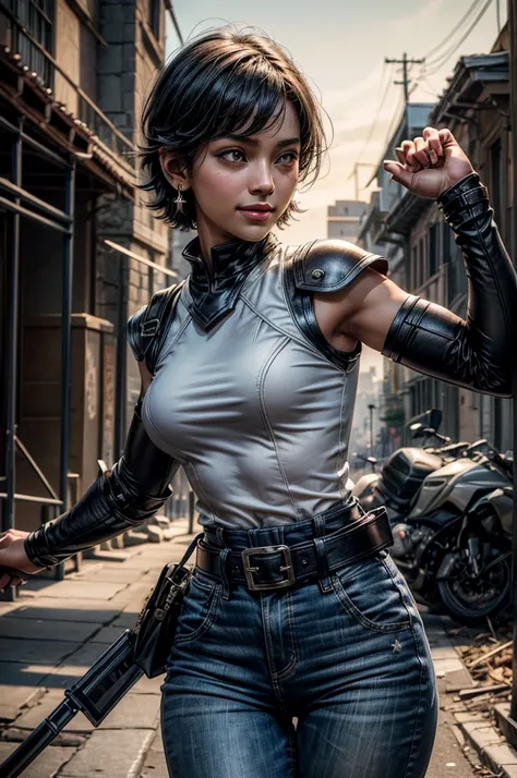 OliveHarper, 1girl, solo,l, short hair, black hair, jewelry, medium breasts, yellow eyes, earrings, detached sleeves, sleeveless, black belt, blue pants, dark skin, dark-skinned female, black belt, belt buckle, vambraces, standing, smile, post apocalyptic ...