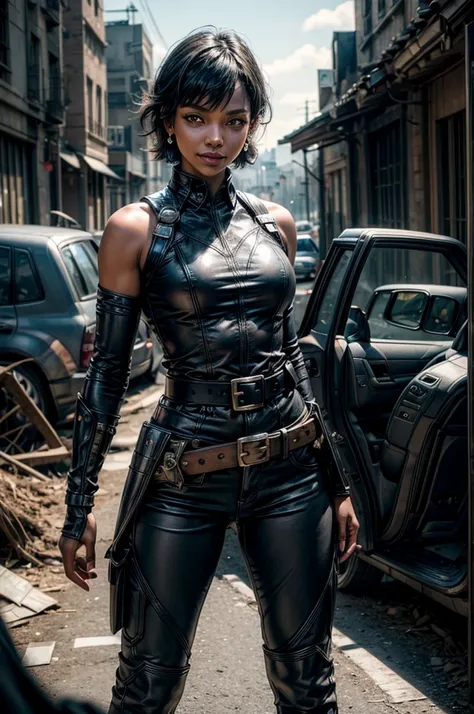 OliveHarper, 1girl, solo,l, short hair, black hair, jewelry, medium breasts, yellow eyes, earrings, detached sleeves, sleeveless, black belt, blue pants, dark skin, dark-skinned female, black belt, belt buckle, vambraces, standing, smile, post apocalyptic ...