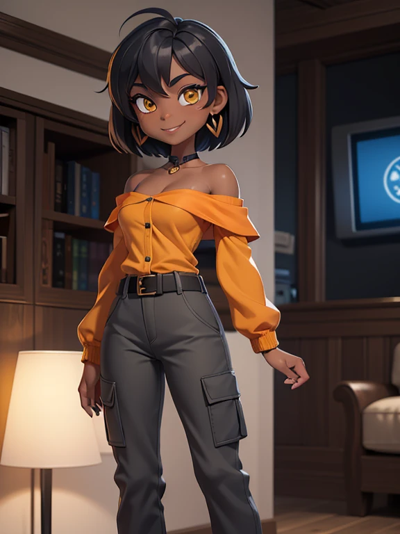 (best quality:1.3), (4K quality), masterpiece, best quality, high res, detailed, (Detailed face:1.2), (Detailed eyes:1.2), (Perfect figure:1.2), CARTOON, ANIME, CARTOON ARTSTYLE, 1girl, solo, short black hair, yellow eyes, tan-bronze skin. (Shes wearing: A...