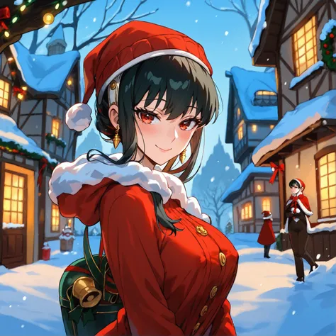 score_9, BREAK best quality, masterpiece, uncensored, 1girl, christmas, snow village, BREAK yor_briar, spy_x_family, 1girl, black hair, red eyes, nipples, cleft of venus, seductive pose, seductive smile, expressive eyes, dressed, snow gear,
