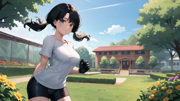 masterpiece, best quality, highres, videl2, solo, blue eyes, black hair, twintails, black gloves, bike_shorts, bangs, white shirt, badge, medium breasts, cowboy shot, smile, arm behind back, garden, close face capture closely not long range