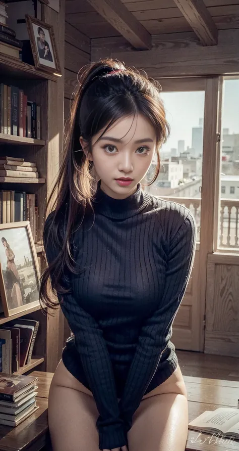 Beautiful Asian woman, black sweater dress, in library 