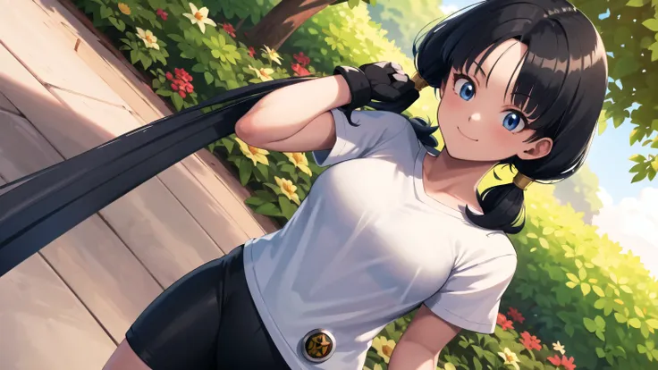 masterpiece, best quality, highres, videl2, solo, blue eyes, black hair, twintails, black gloves, bike_shorts, bangs, white shirt, badge, medium breasts, cowboy shot, smile, arm behind back, garden, close face capture closely not long range, standing in th...