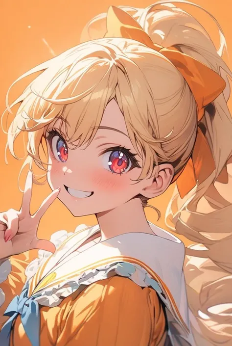 masterpiece, best quality, ultra detailed, a girl, smiling, making a V sign, looking at viewer, ponytail, blonde, red eyes,precure,orange background, flat background, cute, kawaii, anime