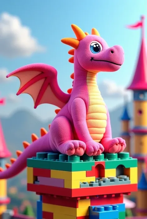 Plush pink dragon on a Lego castle