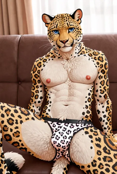 sexy male leopard wearing cat underwear,  erect genital organ  