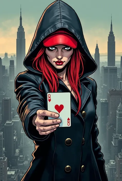 COMIC STYLE ILLUSTRATION, HOODED WOMAN IN DARK GRAY COAT AND WITH RED CAP  , red hair,  ON THE ROOF OF A NEW YORK BUILDING SHOWING POKER CARD HAS HEARTS HELD WITH HER FINGERS, different perspectives