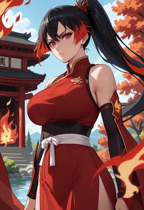 woman, flaming hair, black skin, anime style, red fire powers, dark red eyes, black hair, long hair, ponytail, serious, red fire, chinese temple, large breasts, traditional japanese clothing, goddess, red flames, adult, fire at the ends of the hair, red dr...