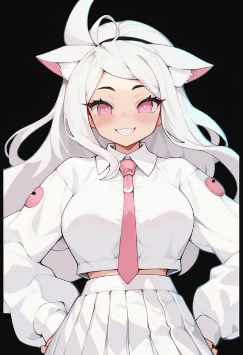 score_9, score_8_up, score_7_up, source_anime, best quality, clear face,skinny cute girl, white hair, pink eyes, long hair, large breasts, perfect body, looking at , cute embrassed,smile,blush,wearing white shirt,white pleated,view skirt ,big tit,hot,r,sta...