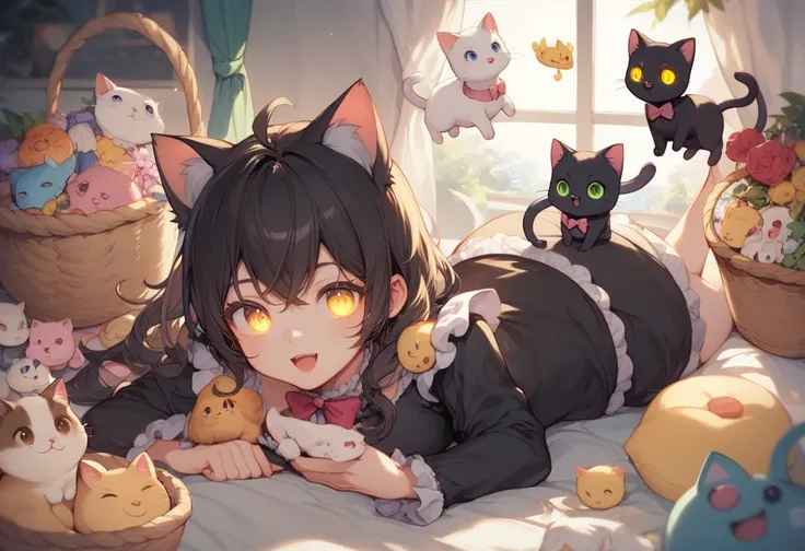 there are many Black Cat in a basket with a yellow tag, numerous dimly glowing eyes, kitten, & they all look terrified, all looking at camera, proud looking, Black Cat, they are all laying down, 採用可能, very silly looking,  Cute Looks , cute kitten, diverse ...