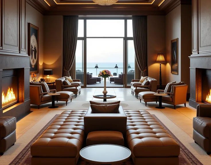 Visualize an opulent, open-plan executive penthouse suite designed for luxury and comfort. The space features double-wide glass panel French doors as the main entrance, leading into a large square-shaped area divided in half by two massive fireplaces. On t...