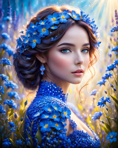 " A dazzling woman made of vibrant blue flowers ,  captured in a soft bokeh environment that adds an ethereal touch .  The image is highly detailed and realistic , as if it were really blooming .  With studio lighting that highlights the natural beauty of ...