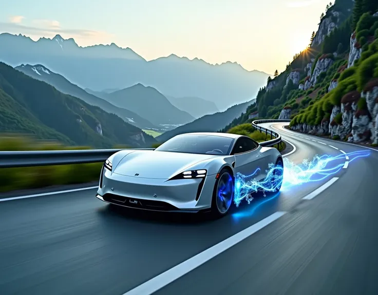 Ultra-realistic, high-quality photo for a glossy magazine cover showcasing an electric vehicle in motion, demonstrating regenerative braking. The scene takes place on a winding mountain road with a stunning backdrop of lush greenery and distant mountains. ...