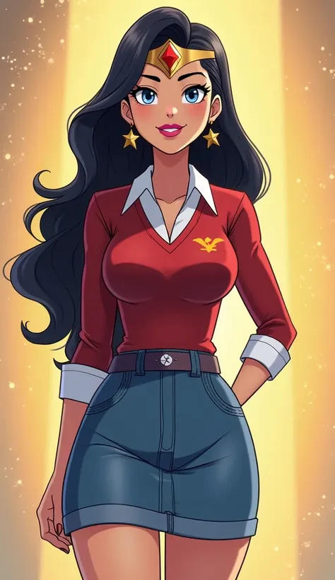 (Close up), (Close up from top of head to bottom of thigh) ((Diana Prince from DC Super Hero Girls 2019)), Diana is a slender, beautiful and tall and tan-skinned young Amazonian demigod with an athletic and fit hourglass figure, thick black eyebrows, sky-b...