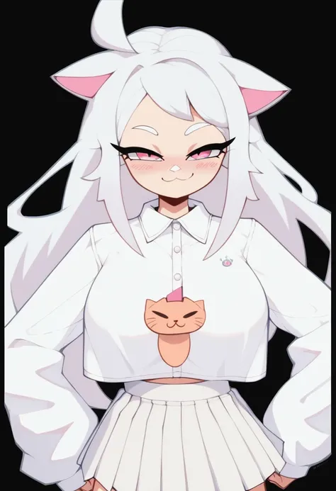 score_9, score_8_up, score_7_up, source_anime, best quality, clear face,skinny cute girl, white hair, pink eyes, long hair, large breasts, perfect body, looking at , cute embrassed,smug smile,blush,wearing white shirt,white pleated,view skirt ,big tit,hot,...