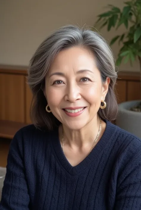  Japanese woman with mixed gray hair , 58 years old,  PREME STYLE AND MATURE BEAUTY  (Mature charm: 1.6),  gentle and refined smile , ( fine lines of laughter : 1.4),  Natural Aging and Confident Look , (wavy gray hair: 1.4),  Soft and Natural Wrinkles 、 i...