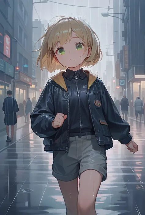 masterpiece, best quality, ultra detailed, a girl, tearful, walking, looking down, side part, bob cut, blonde, brown eyes, jacket, shorts, in the city, with rain, cute, kawaii, anime