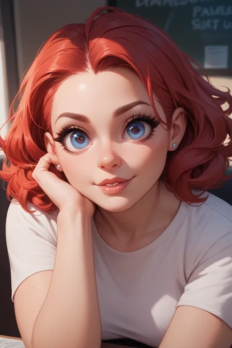 A woman with red hair under a square, big detectives and big eyes.