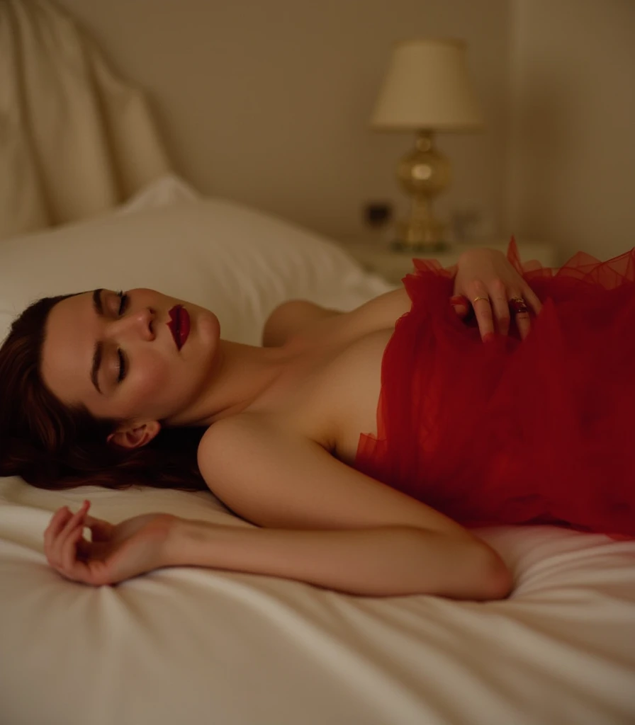 Anya Taylor-Joy, picture from above, lying limp on a bed on back, red strapless dress, sleeping, closed eyes, head tilt