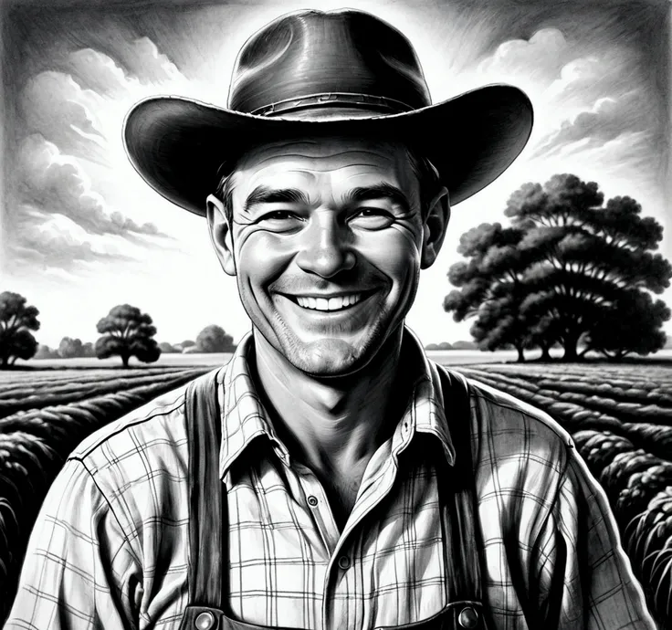 a farmer wearing a shirt hat cheerful black and white illustration showing a smile charcoal illustration