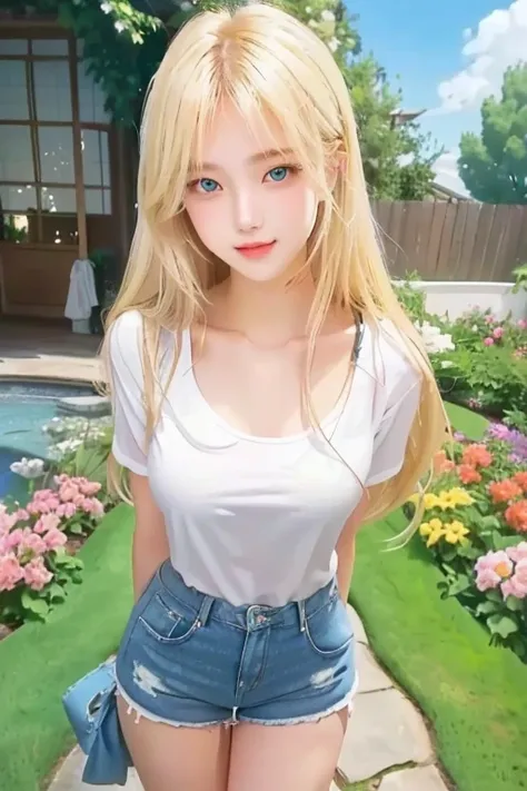 a woman in a white shirt and blue shorts standing in a garden, blonde girl with long hair, seductive girl, best girl, attractive girl, beautiful alluring teen, beautiful girl, pretty girl, beautiful alluring woman, visual of a cute girl, beautiful woman, g...