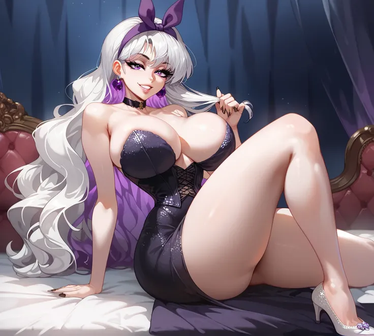 (Mature woman of 40 years), (almond eyes), (sharp face), (purple eyes), (relaxed look), (lewd smile), (pale skin), (white hair with purple highlights), (black eyeliner), (long eyelashes), (swollen lips), (sharp nose), (long hair pulled back), (wavy hair), ...