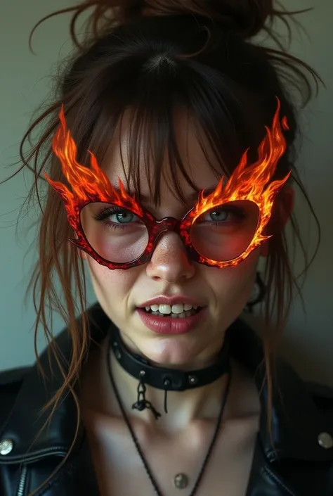 Fire shaped glasses ,  brown hair and sharper teeth and shes more punk 