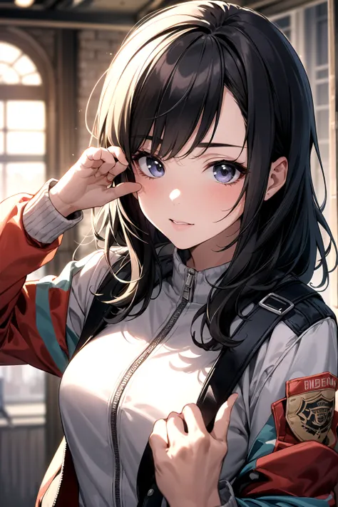 1girl, matured female, bomber jacket, bow, best quality, hires, detailed face, detailed background, diffused sunlight, depth of field,doing magic,high quality 