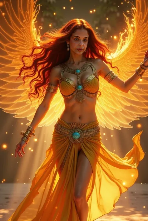 Beautiful red-haired brunette Bellydancer ,  with fire Isis wings and gold-colored suit turquoise necklace 