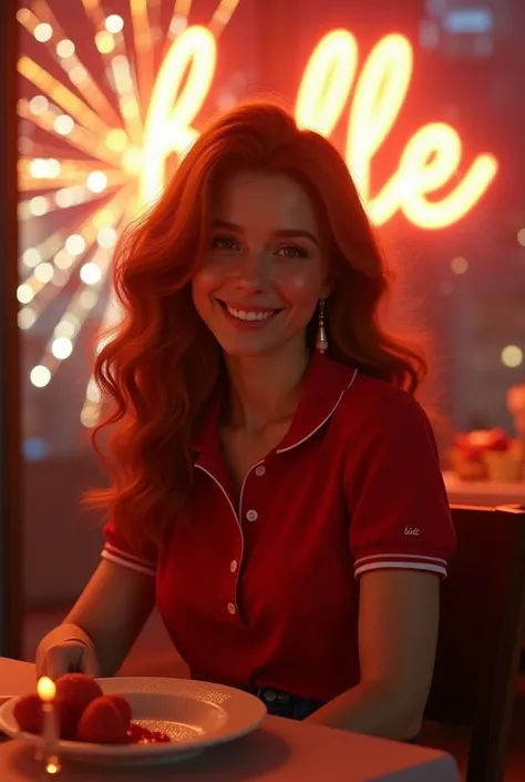 Realistic: A long red curly haired lady in his mid 20s wearing red and white long sleeve polo. Sitting on the chair (dinner date ) with fireworks and a light sign that says "BELLE"  behind her. 