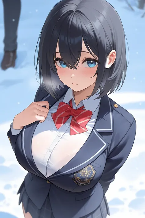 masterpiece,Big Breasts,Girls&#39; High School,uniform, blue eyes,The illuminated town,snow