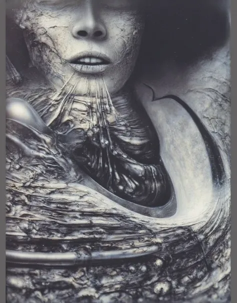 H. R. Gigers g1g3r, , Giger_style, The image is a detailed view of H.R. Gigers " NECRONOM IV " plate, featuring . The artistic manner would be unmistakably Gigeresque. A dark and unsettling beauty would permeate the piece, blurring the lines between fascin...