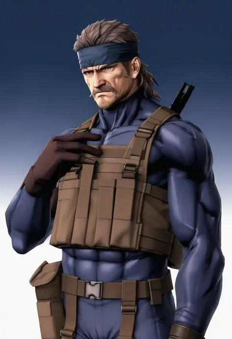 score_9, score_8_ up, score_7_ up, score_6_ up,  Source_Anime, BREAK one boy ,  film grain,  dimly illuminated,  DECOLORED SOLID SNAKE,   headband , Brown Hair,  beard , facial hair,  Blue Bodysuit,  gloves, Harness,  belt pouch ,   looking at you , Frowni...